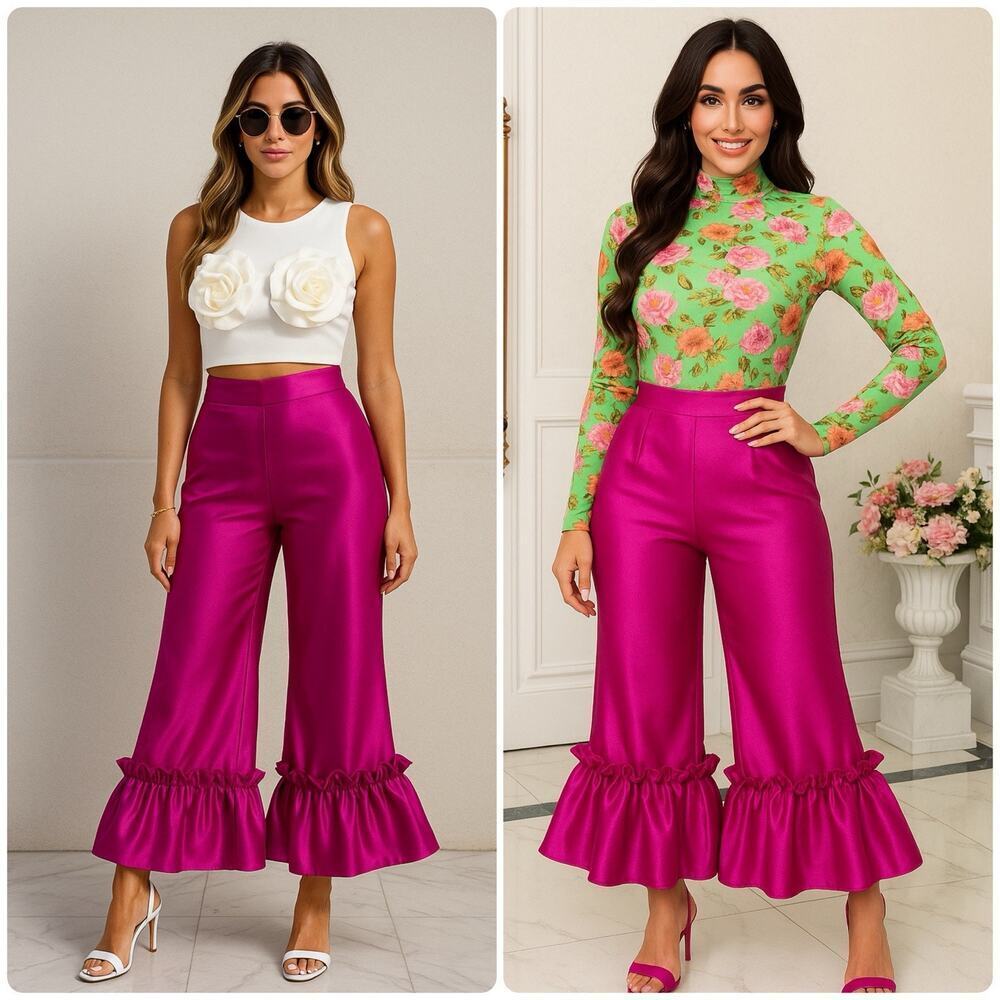 Fashion Bundle Outfit 3D Floral Crop Top Mesh Long Sleeves Satin Ruffle Pants S